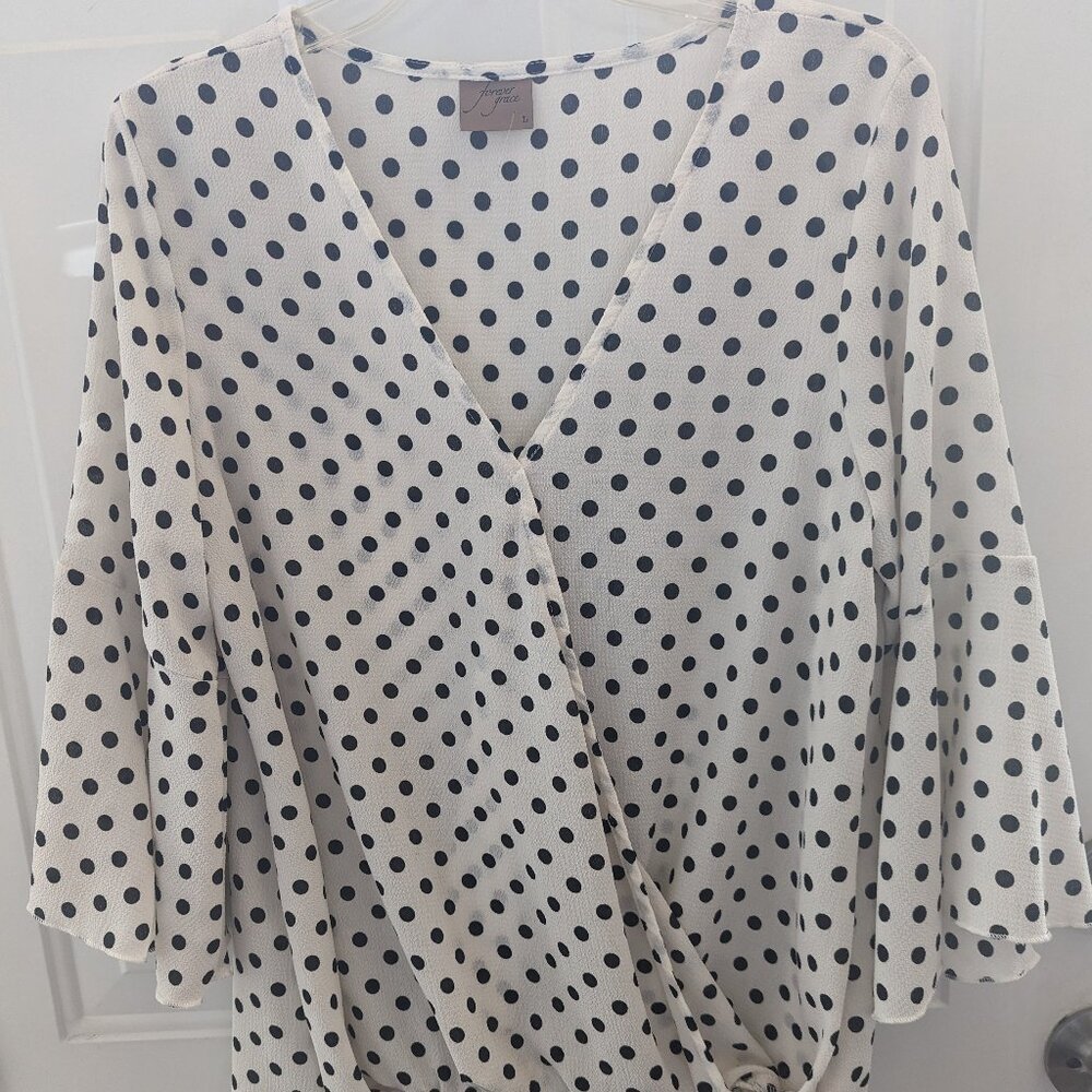 BNWOT Forever Grace black/white polka dot woman's 3/4 sleeve blouse sz L